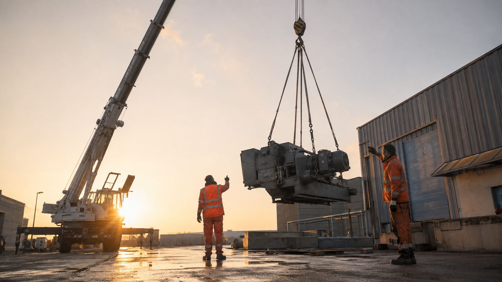 Hijswerk in de vroege ochtend: een telescoopkraan tilt een machine, twee riggers coördineren